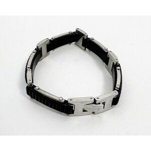 Edforce Men's Silver Black Rubber Silicone Stainless Steel Link Bracelet Clasp